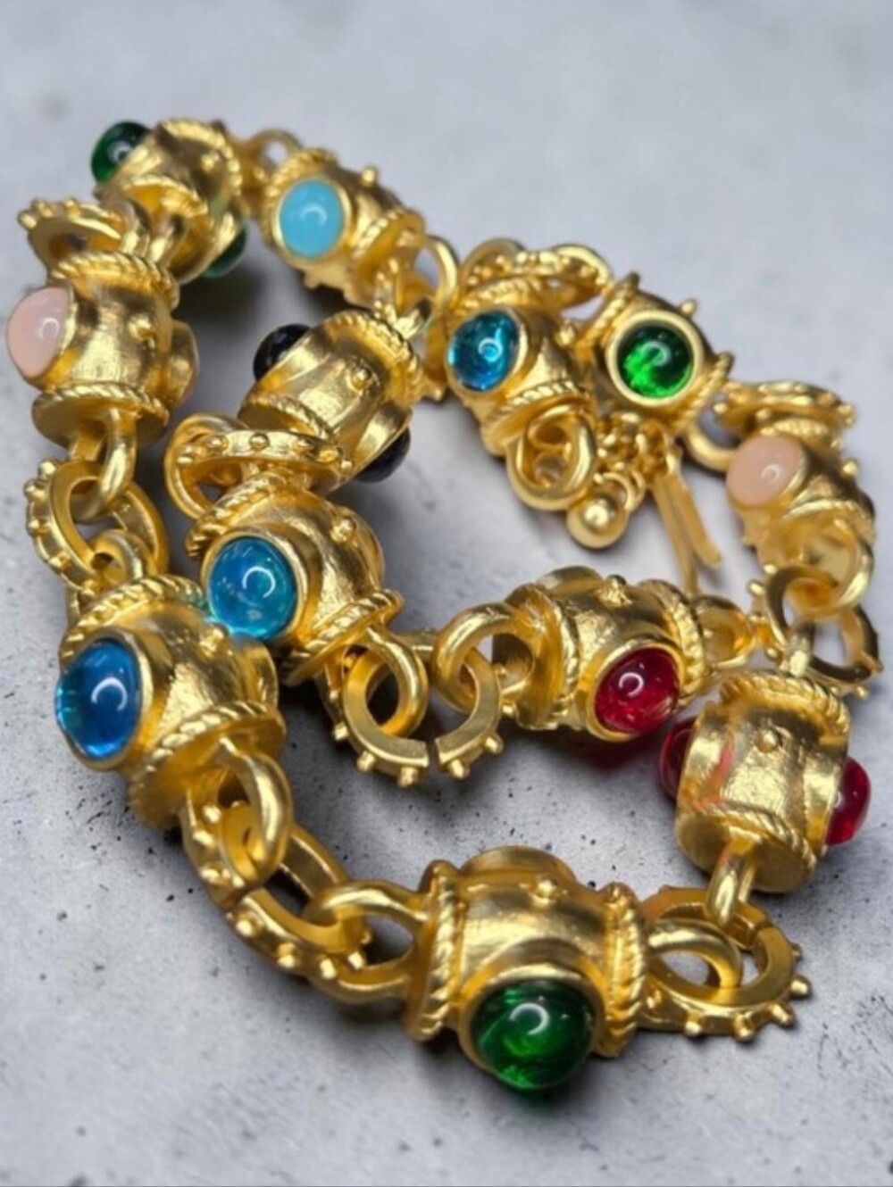 Insane Heavy Chunky Matte Gold Glass Cabochon Byzantine Revival Necklace